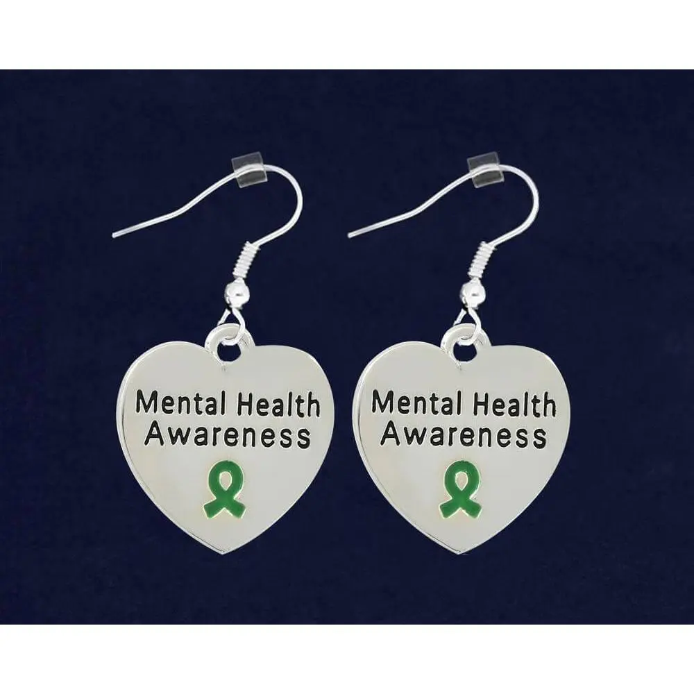 Mental Health Heart Earrings - Mental Health Awareness Design with Green Ribbon Symbol