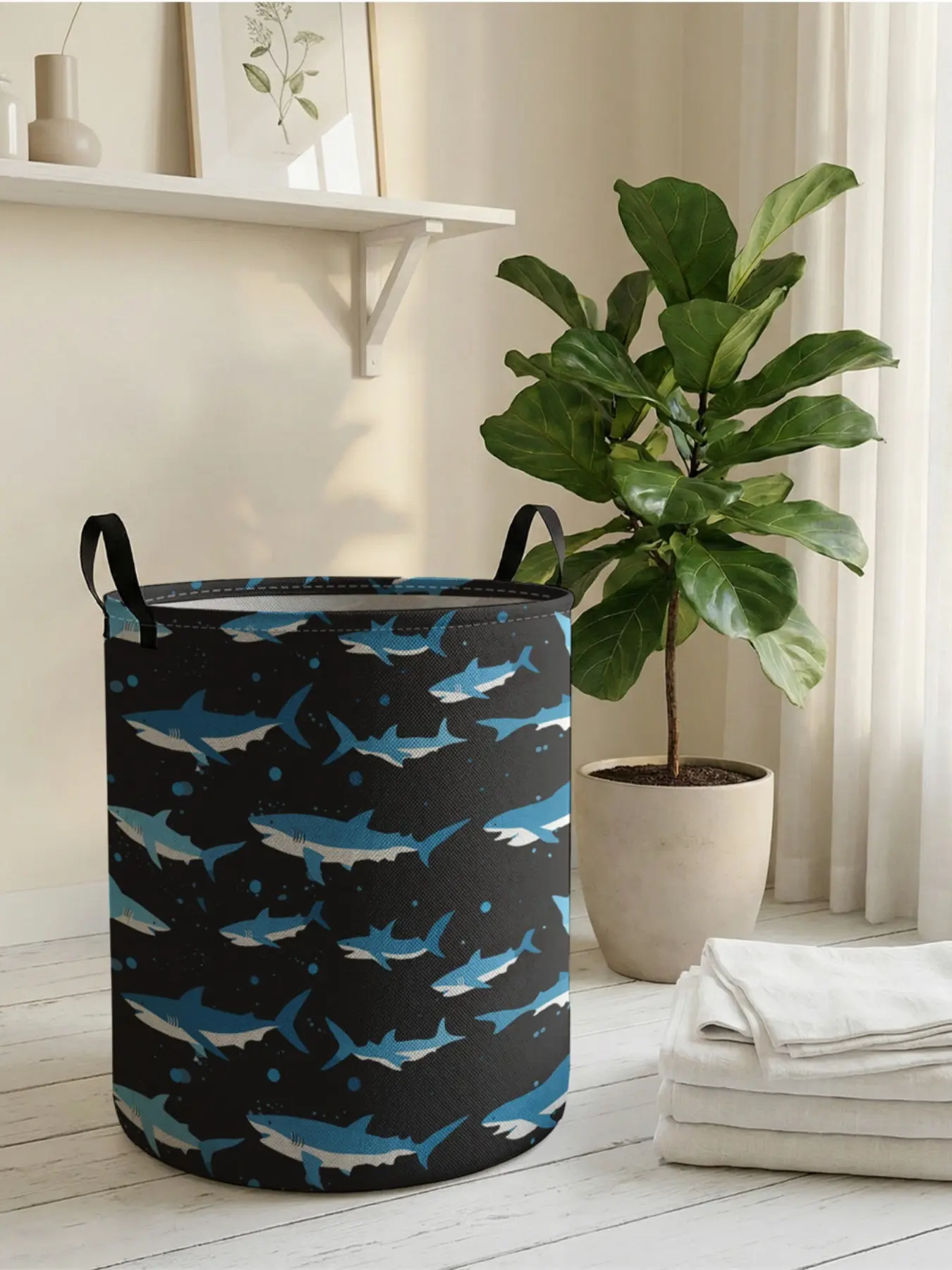 1 piece of shark pattern 2D printed open storage box, double handle reinforcement + foldable storage | dirty laundry storage/toy organization/home decoration all-in-one