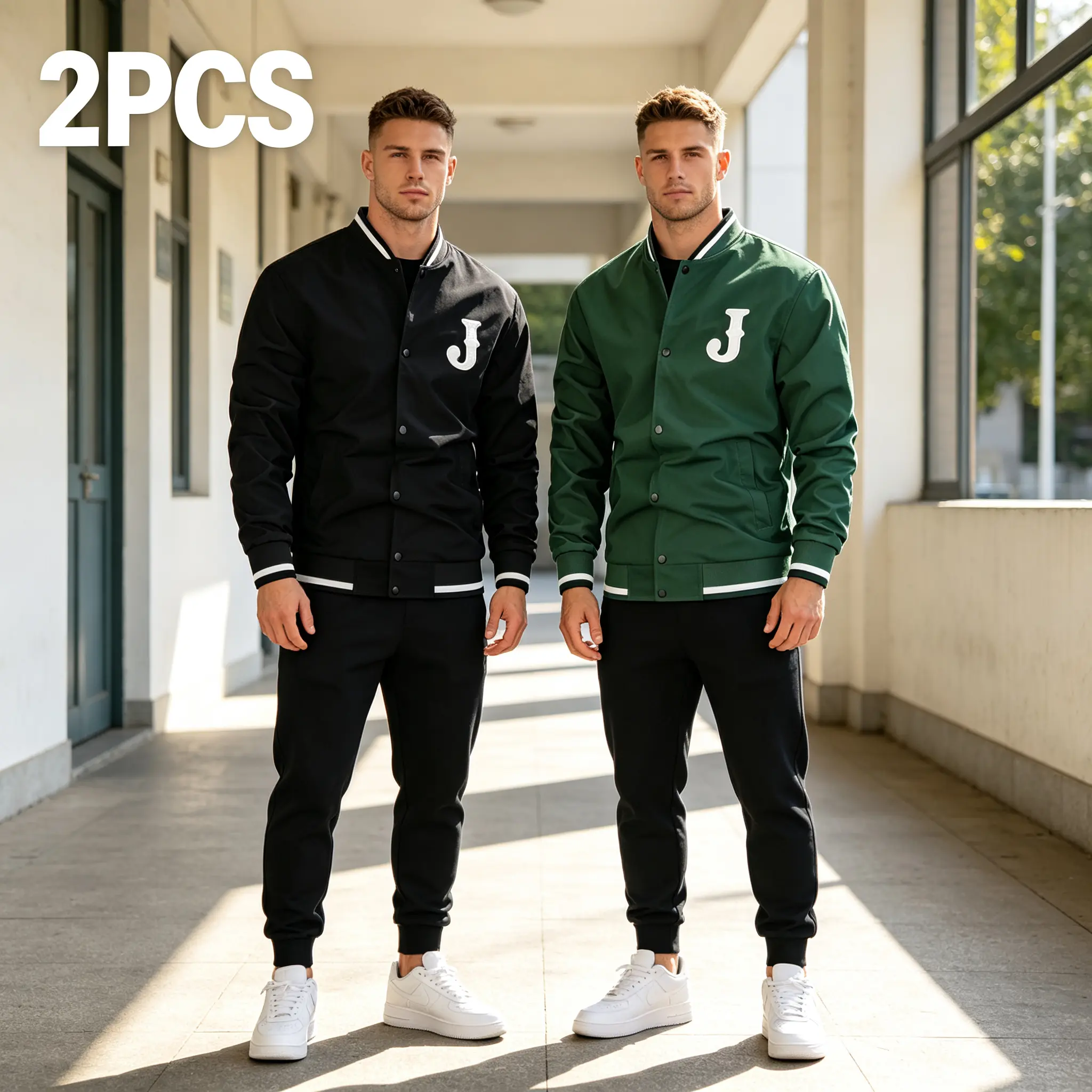 Men's 2-Piece Varsity Baseball Bomber Jacket - Letter J Embroidery, Lightweight Button-Up Casual Windbreaker Coat for Daily & Travel
