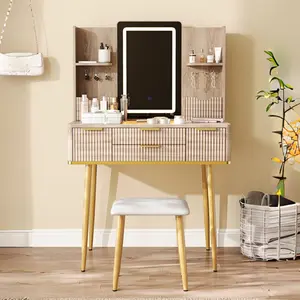 Vanity Desk with Mirror and Lights, Fluted Small Makeup Vanity with 4 Storage Drawer, Stool, Shelves, Wood Dressing Table Set for for Women Girls Bedroom, Natural Oak