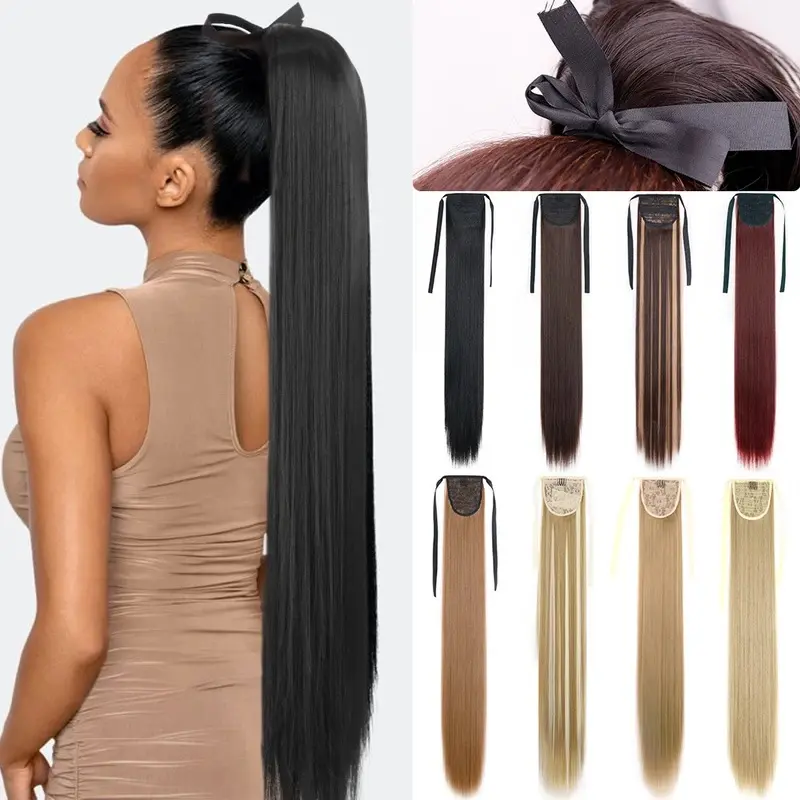 New  55 85cm Synthetic Ponytail Long Straight Wine Red Blonde Pony Tail Hair Extensions Heat Resistant Horsetail Hairpiece