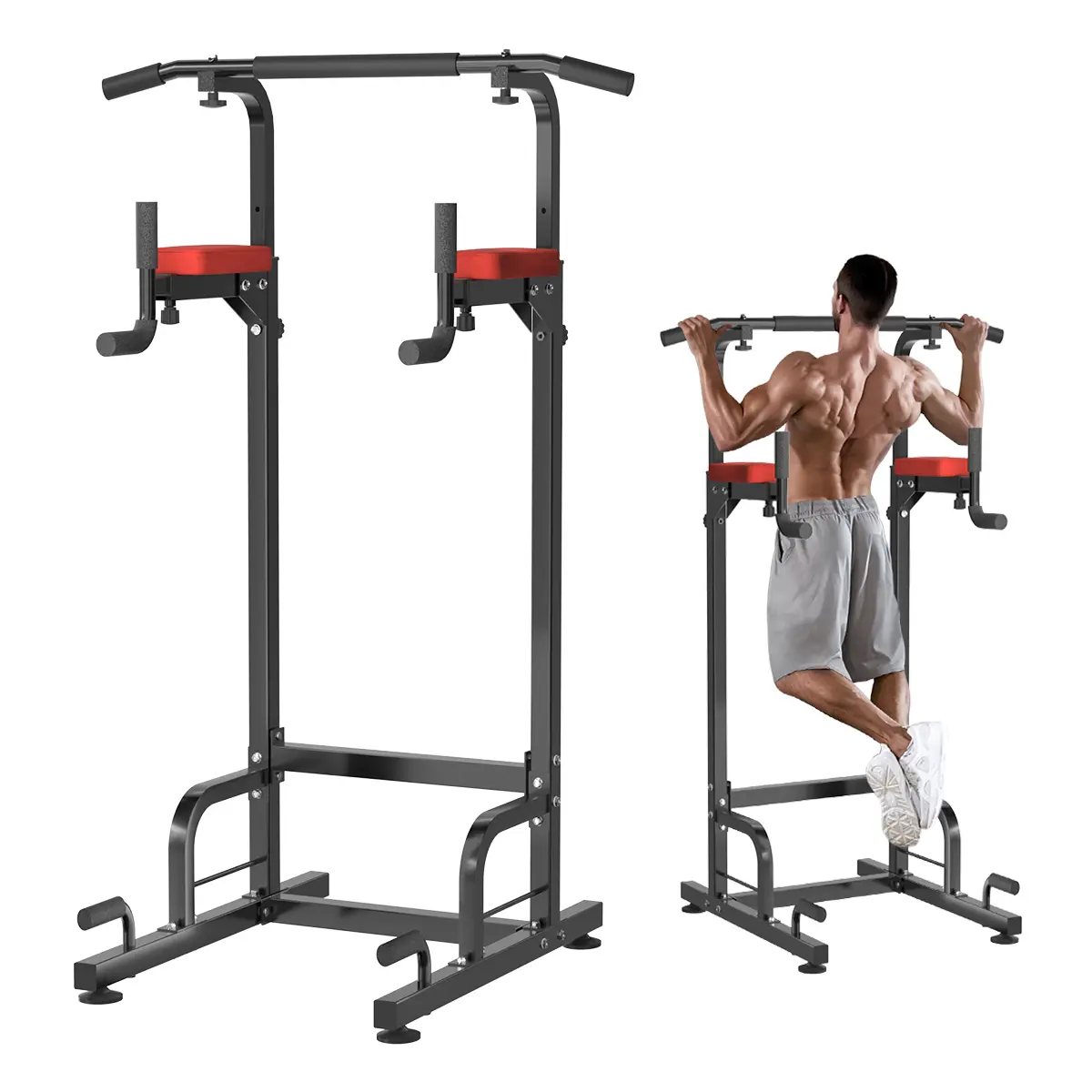 RELIFE Power Tower for Home Workout, Heavy-Duty Steel Dip Station with 9-Level Height Adjustment, Adjustable Ergonomic Padded Grip Handles, Rotatable Design with Lock, 330 lbs Capacity for All Fitness Levels
