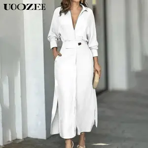 UOOZEE Women's Soft Casual Dresses - Breathable Cotton-Linen Minimalist Basic Maxi Shirt Dress, Long Sleeves, V-Neck, Button-Closure, Loose Fit, Split Details, Pockets, Elegant Women's Clothing; Ideal for Commute, Casual Wear, 1 Size Up for C-Cup+