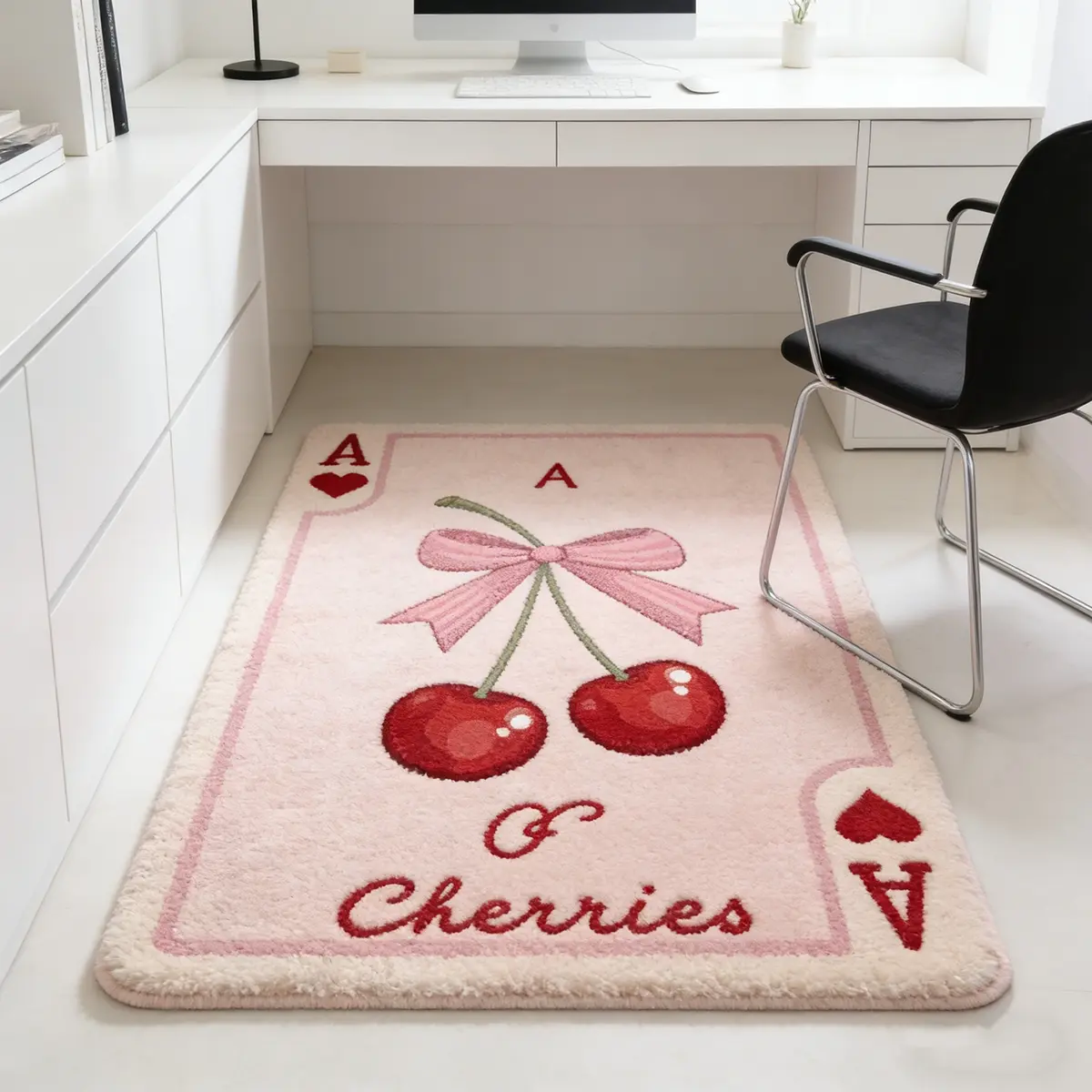 Heart Poker Cherry Bow Plush Rug, Soft Skin-Friendly Foot Mat, Style Desk Bedroom Ground Decoration, Casual Room Arrangement Blanket, Soft Indoor Rugs, Home Decor Rug, Home Decorative Rugs