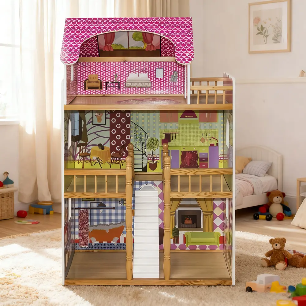 DOMISO Wooden Dollhouse, 4-Tiers Doll House Playset with Exquisite Accessories, DIY Pretend Doll House with Furniture Accessories