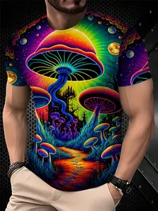 Men's Printed T-Shirt - Black/Gradient Multi-color Trendy Top, Casual Streetwear Tops, Round-neck Short-Sleeved T-shirt, suitable for daily wear, casual gatherings, fashionable gradient style, Streetwear, machine washable