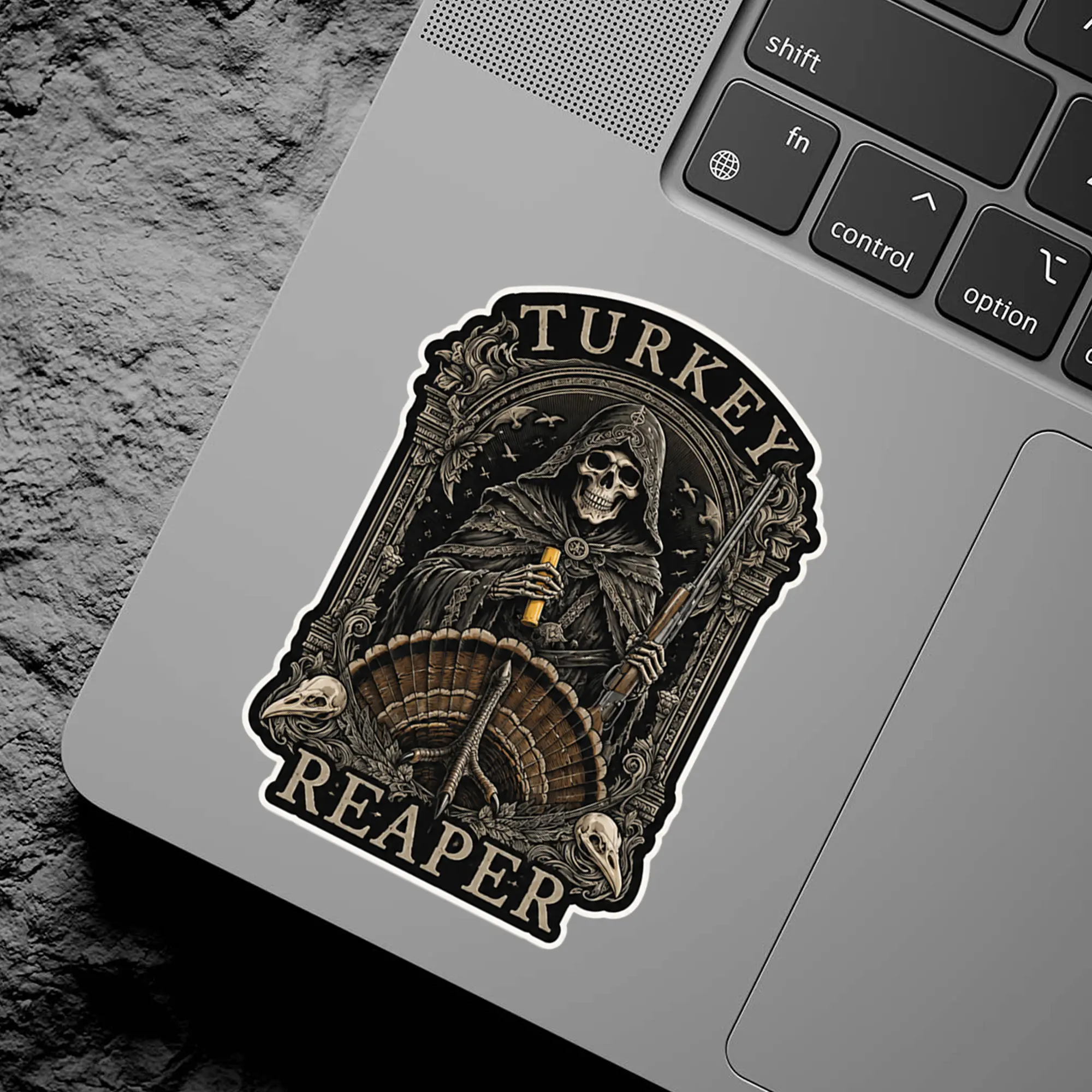 Badass Turkey Reaper Vinyl Sticker, Waterproof Die-Cut Skeleton Grim Reaper with Shotgun & Turkey Ft, for Laptop Gun Case Decal