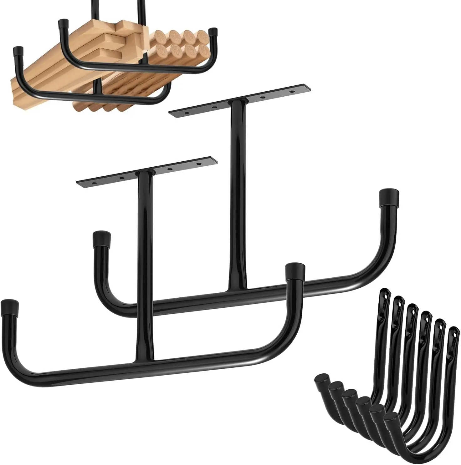 2 Pack Overhead Garage Storage Rack with 6 J Hooks, 66Lbs/Ceiling Rack & 45Lbs/Hook, Heavy Duty Garage Ceiling Storage for Lumber, Ladder, Bike