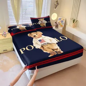 3Pcs Bear Print Fitted Sheet Set Preppy Style Bedding Set for Bedroom or Dorm, Full Wrap Non Slip, Long Lasting Freshness, Breathable and Soft, All Season Comfort. Perfect for Boys or as a Gift. No Filling