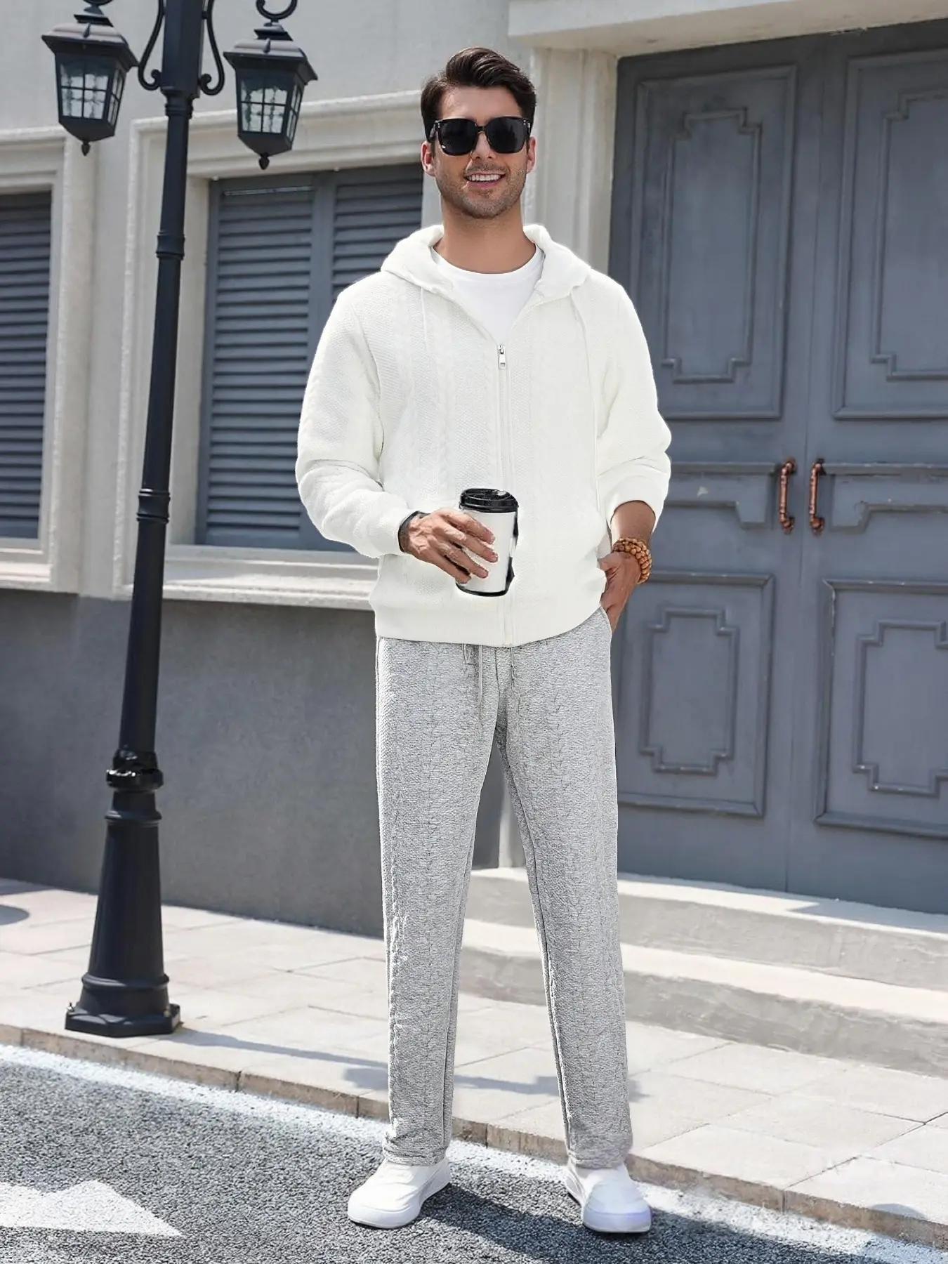 Men's Cable Knit Tracksuit Set - Full - Zip Hoodie & Pants 2 - Piece Outfit, Stylish Casual Loungewear with Drawstring Hood & Elastic Waist, Soft Knitted Sweatsuit for Daily Life, Streetwear & Leisure Occasions, Athletic Activewear Tracksuits