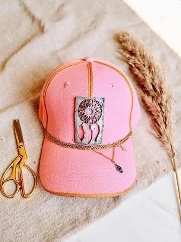 Pink Boho Dreamcatcher Trucker Hat | Gold Chain & Feather Tassel | Womens Cap