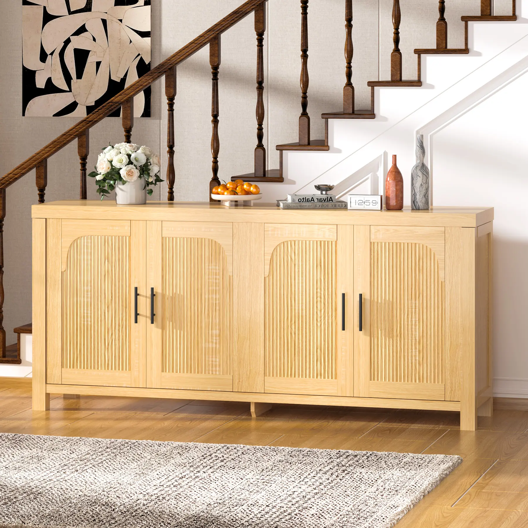 Modern Farmhouse Sideboard Buffet Cabinet – 71" Credenza with Fluted Doors, Adjustable Shelves, Cable Management – Dining Room, Kitchen, Living Room Storage – Light Oak Wood Finish