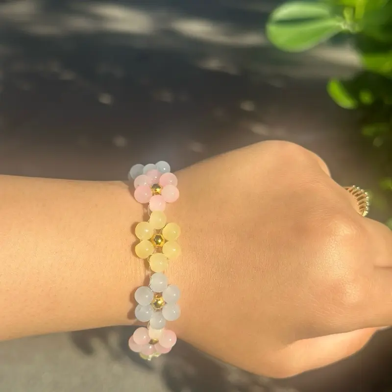 Pastel Pink Yellow and Blue Flowers Bracelet with Gold Center