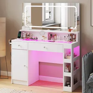 CollaredEagle Vanity Desk Makeup Station Vanity Set Chair White LED Lighted Makeup Vanity Table Rotating Mirror Vanity with Storage Modern Glass Top Vanity Power Outlet Adjustable Brightness