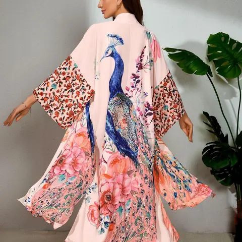 Plus-Size Peacock and Floral Print Belted Wrap Kimono Cardigan, Casual Chic Split-Hem Design, Women's Summer Cover-Up for Beach Holidays, Swimsuit Cover Up, Summer Coverup, Beach Coverups, Swimwear Coverups
