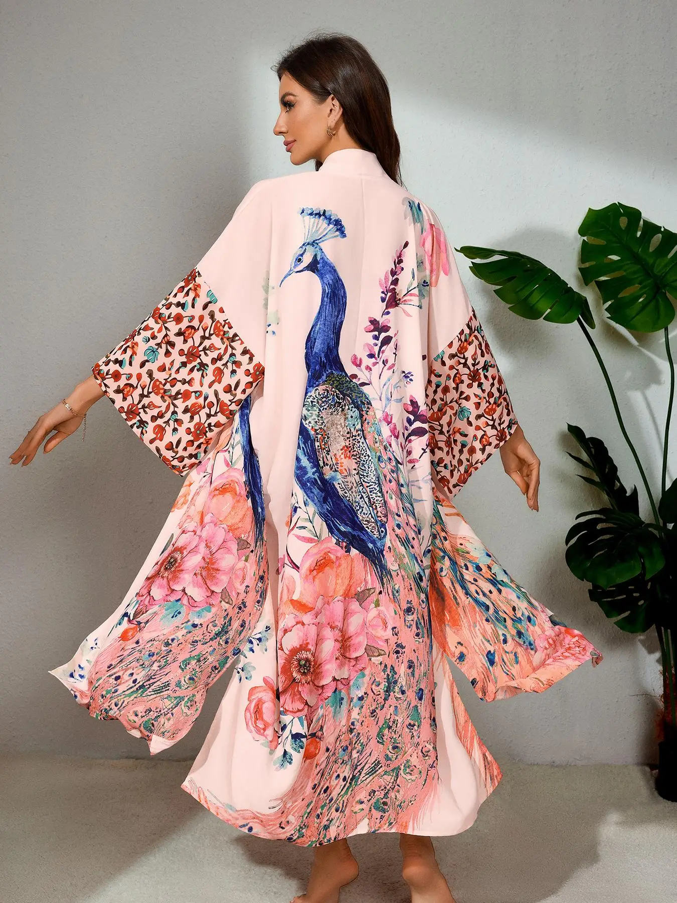 Plus Size Peacock & Floral Print Belted Wrap Kimono Cardigan, Casual Split Hem Kimono Cardigan, Women's Summer Swimwear for Beach Holiday Vacation