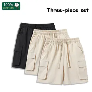 Men’s linen solid-color casual pants, 3-pack — lightweight for summer, straight-leg cargo style, loose wide-leg, mid-length shorts