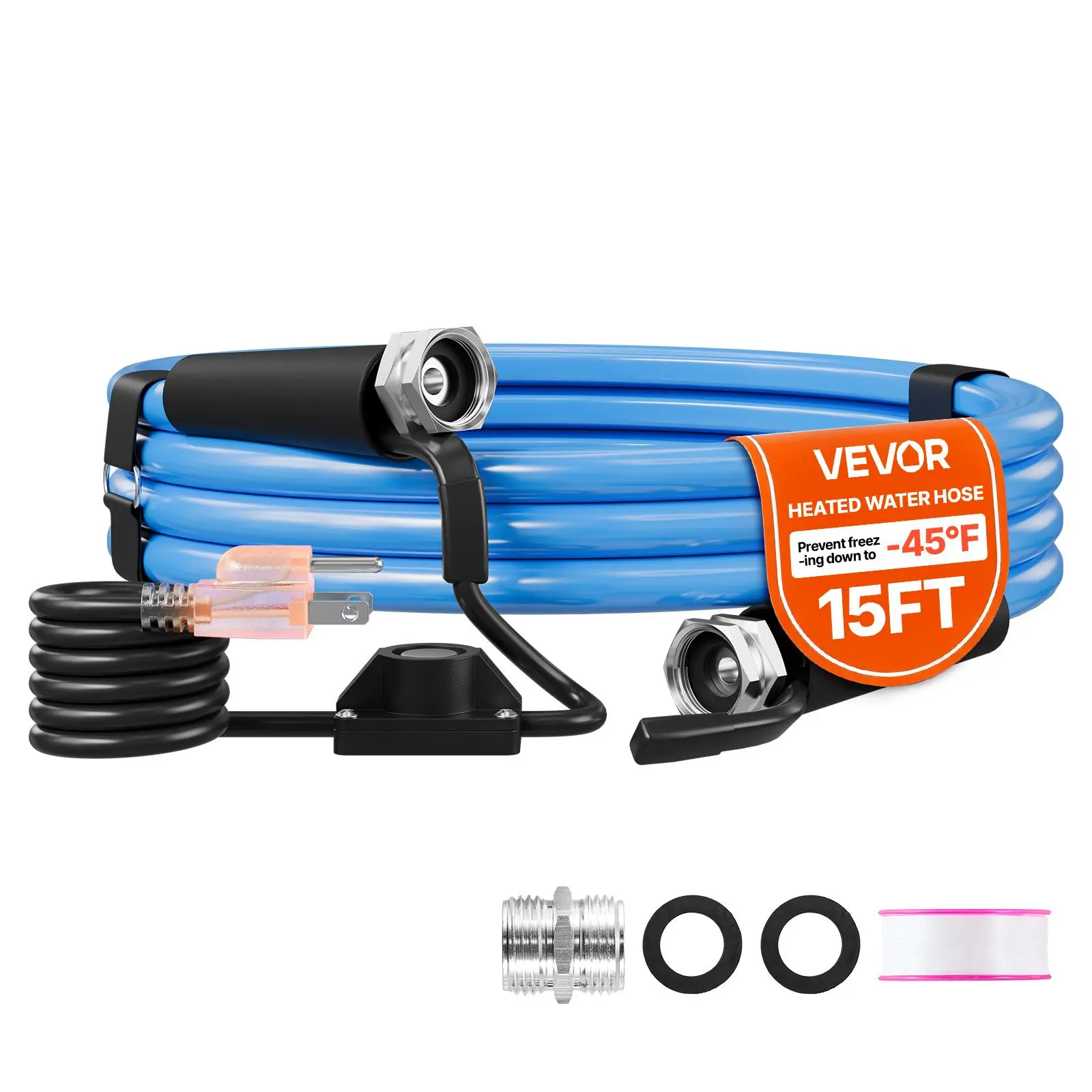 VEVOR 15FT Heated Water Hose, 1/2" ID Outdoor Waterhose with Built-in Thermostat, -45°F Antifreeze, Freeze-Proof, Leak-Proof, Lead-Free, BPA-Free, Smooth Surface, Fast Heating for RV Camping