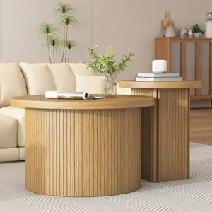 2-Piece Fluted Round Pine Wood Nesting Coffee Tables with Column Base Modern Furniture for Living Room Office Home Decor with Sofa Side Table Functionality