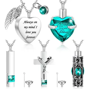 5 count Ashes Urn Necklace Keepsake Cremation Heart Cross Cubic  for Ashes Stainless Steel Memorial Locket Urn Keepsake Necklace for Women Men Loved Ones, 5 Styles