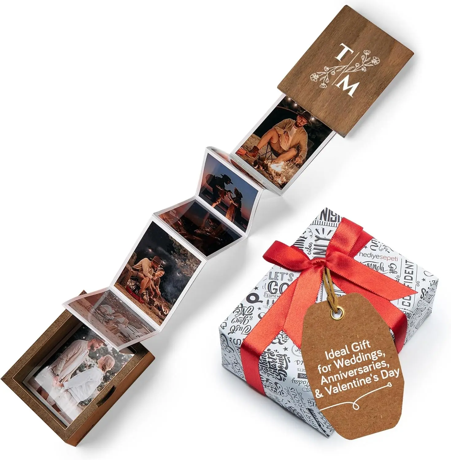 Personalized Wooden Keepsake Box with Initials – 10 Pull-Out Photos, 3"x2", Wedding & Anniversary Memory Storage (Initial-Vertical)