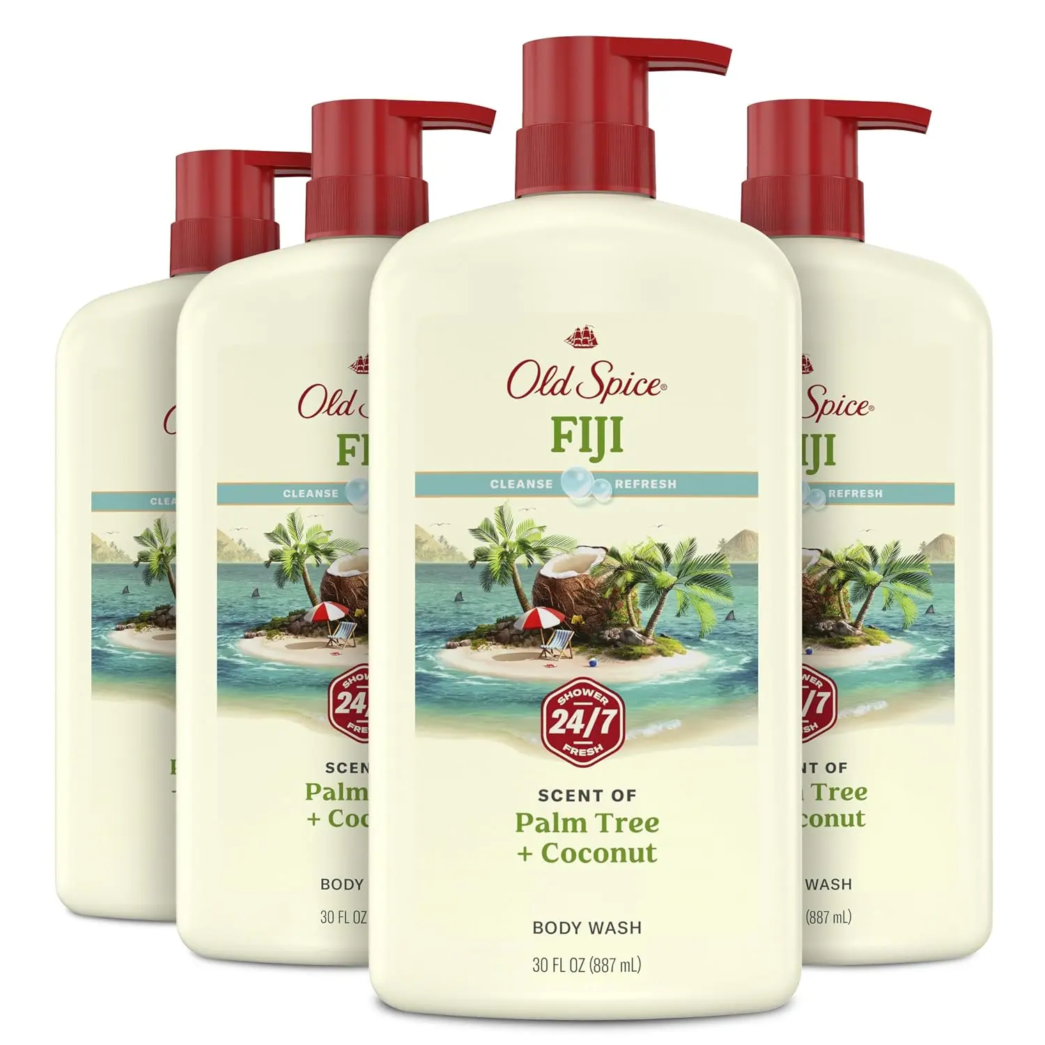 Old Spice Cleansing Body Wash for Men, 24/7 Shower Fresh with Lasting Scent, Cleanse & Refresh, Gentle on Skin, Vitamin B3, Fiji with Palm Tree + Coconut Scent, 30 oz (Pack of 4)