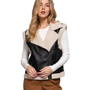 NE PEOPLE Faux Leather Vest - Sleeveless Shearling Lining Zipper Jacket