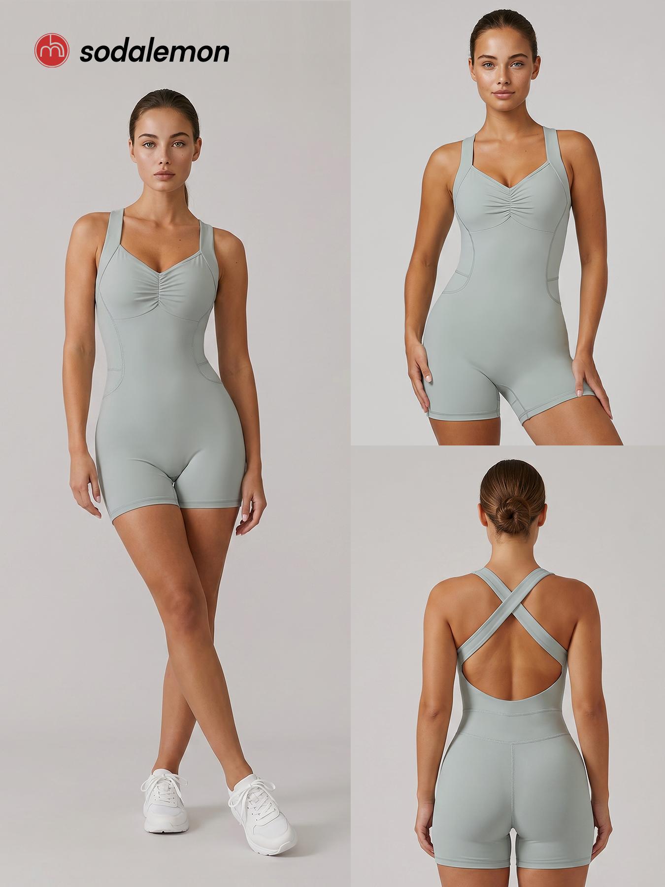 Sodalemon Women’s Workout Romper - Ruched Front, Cross-Back Cut, Sleeveless Fitted Biker Shorts Unitard for Pilates, Gym Fitness