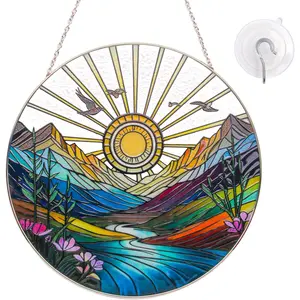 Sun Mountains Stained Glass Window Hanging, Sunrise & Sunset Design, Round Stained Glass Sun Catcher Window Hanging Decor, Handcrafted Art Panel for Indoor/Outdoor Light Catchers, Home Gifts (6inch)