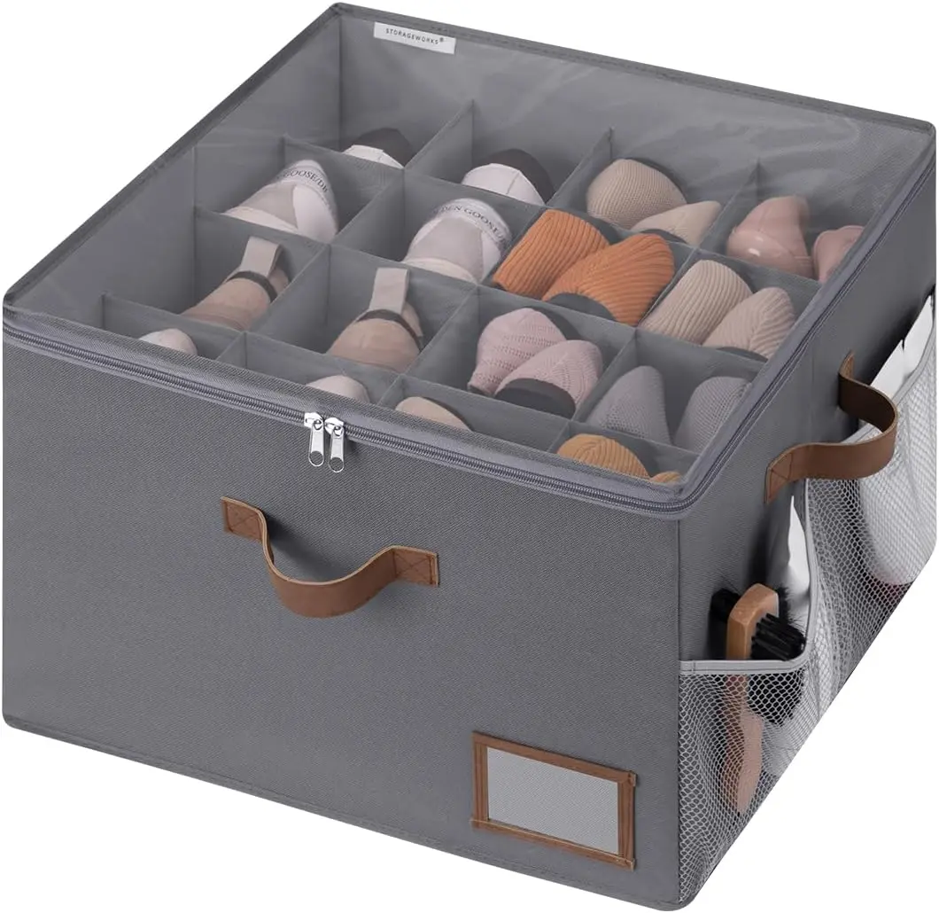 Shoe Organizer for Closet,Fits up to 16 Pairs,Adjustable Dividers for Shoe Storage,Fabric Shoe Storage Bins with Clear Cover, Box Compartment Racks Shelf Grey