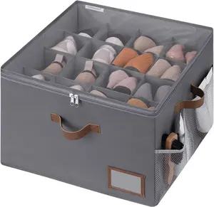 Shoe Organizer for Closet,Fits up to 16 Pairs,Adjustable Dividers for Shoe Storage,Fabric Shoe Storage Bins with Clear Cover, Box Compartment Racks Shelf Grey