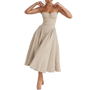 Women Summer Casual A-line Dress Solid Color Sleeveless Backless Midi Dress Fashion Side Pockets Low-Cut Cami Dress Light PolyesterGift