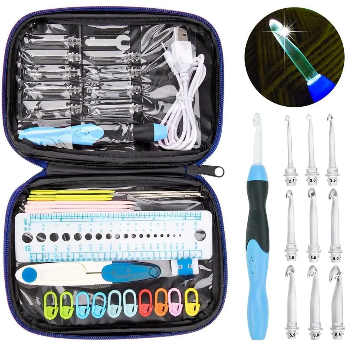 Crochet Hooks Lights Set with Case, Ergonomic Rechargeable Lighted Hooks,9 Interchangeable Heads Hooks with a Crochet Hooks Case, Knitting Knit Needles Weave Yarn Sewing DIY Craft (Blue)