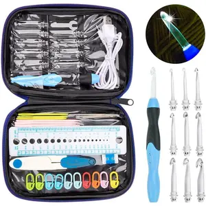 Crochet Hooks Lights Set with Case, Ergonomic Rechargeable Lighted Hooks,9 Interchangeable Heads Hooks with a Crochet Hooks Case, Knitting Knit Needles Weave Yarn Sewing DIY Craft (Blue)