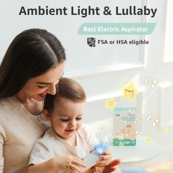 Grownsy Nasal Aspirator for Baby, Electric Nose Aspirator for Toddler, Baby Nose Sucker, Automatic Nose Cleaner with 3 Silicone Tips, Adjustable Suction Level, Music and Light Soothing Function