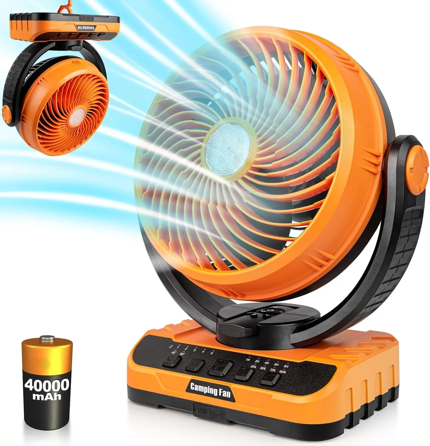 Rechargeable Camping Fan with LED Light, Remote, Auto Oscillation, Timer & Hanging Hook, Ideal for Camping, Hurricanes & Power Outages - Usb Sun