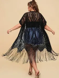 Plus Size Fringe Trim Dolman Sleeve Lace Kimono Without Camisole Summer