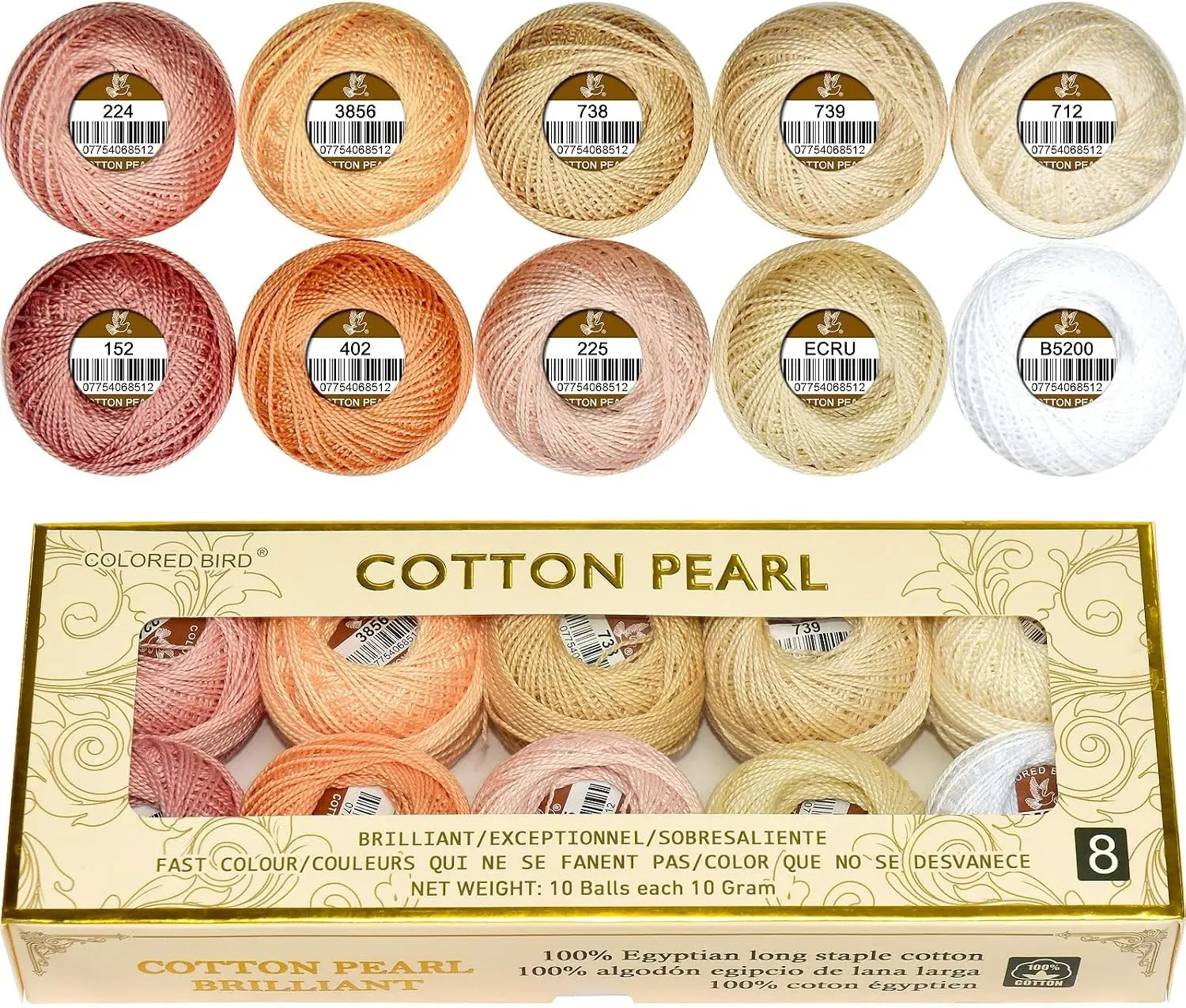 Double Mercerized Egyptian Long Staple Cotton Pearl Thread Ball 10 Grams Rainbow Color Embroidery Thread 10 Colors per Box for Crochet Hardanger Cross Stitch Hand Embroidery,Light Flesh Color Series Gift