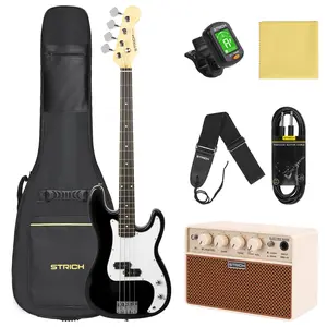 STRICH Electric Bass Guitar 4 Strings Full-Size Beginner Kit, PB-Style Standard Bass for Starter with 20w Amp, Bag, Tuner, Strap, Cable, SPB-S10 Black White Fret Markers Cleaning Cloth