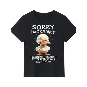 Funny Black T-Shirt for Men |   Featuring Grumpy Cartoon Duck with Bold Text "SORRY I'M CRANKY" |   Perfect for Embracing Your Inner Grump with Humorous 70s Theme |   Ideal Casual Wear for Those Who Love a Good Laugh