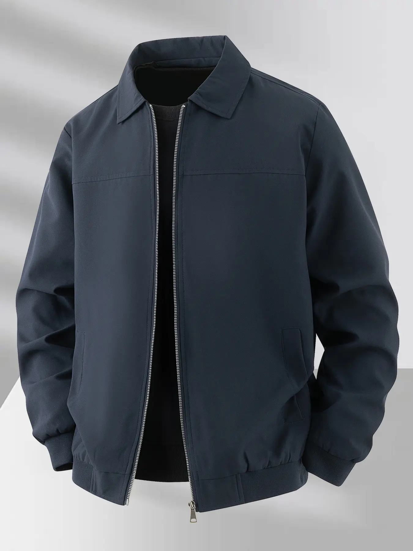 Men's Lightweight Work Office Jacket, Simple Office Business Style Lapel Coat, Zipper Closure, Ribbed Hem Design, Polyester Fiber