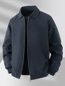Men's Lightweight Work Office Jacket, Simple Office Business Style Lapel Coat, Zipper Closure, Ribbed Hem Design, Polyester Fiber