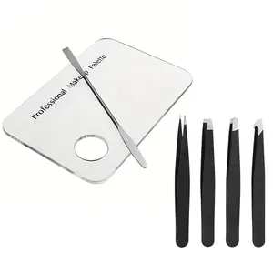 Makeup Palette & Tweezers Set, 1 Set Makeup Mixing Palette & 4 Counts Stainless Steel Tweezers, Professional Makeup Tools for Women, Cosmetic