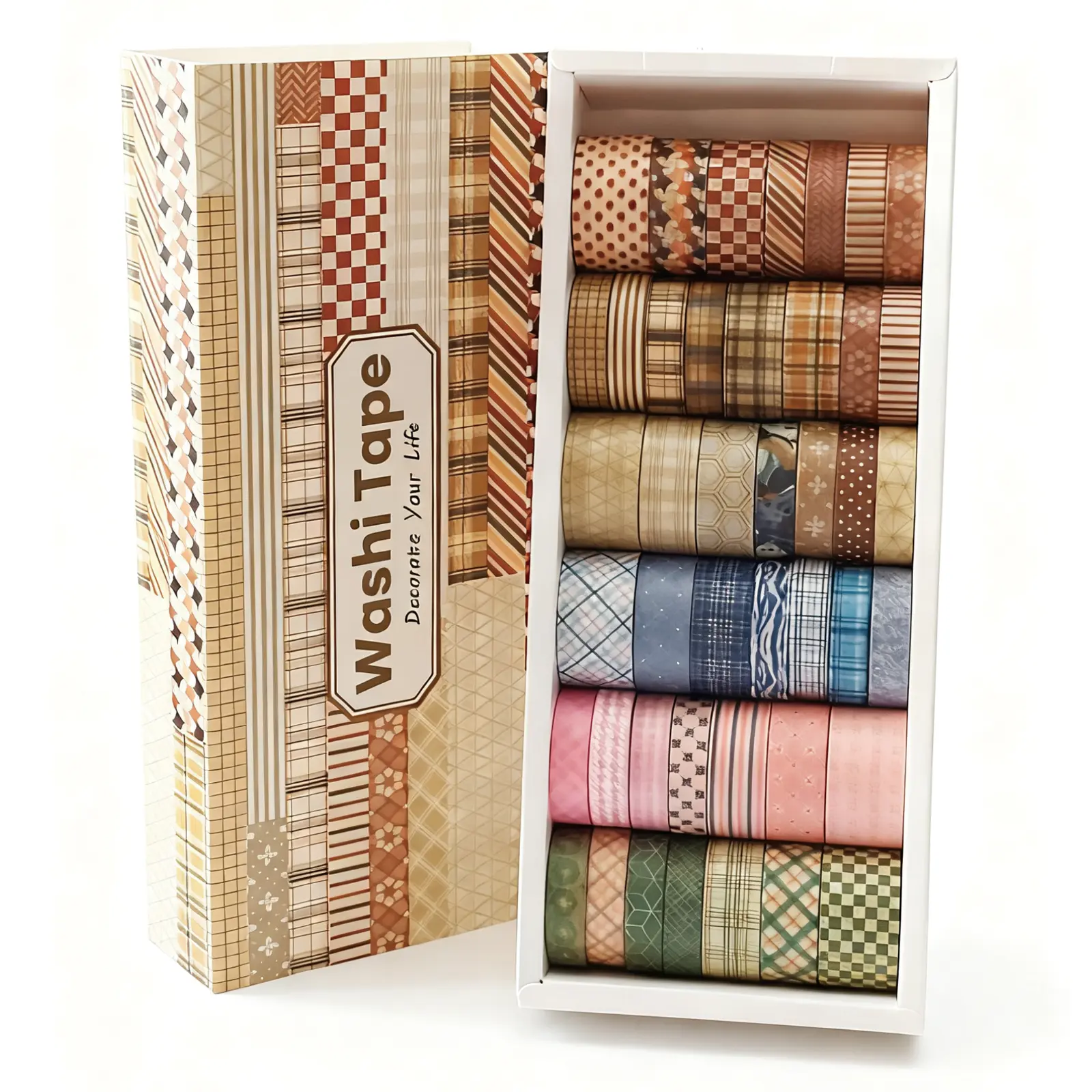 42 Rolls Checkered Washi Tape Set, Brown Decorative Tapes for Scrapbooking, Junk Journal supplies, Bullet Journaling Craft,  DIY, Gift Wrapping