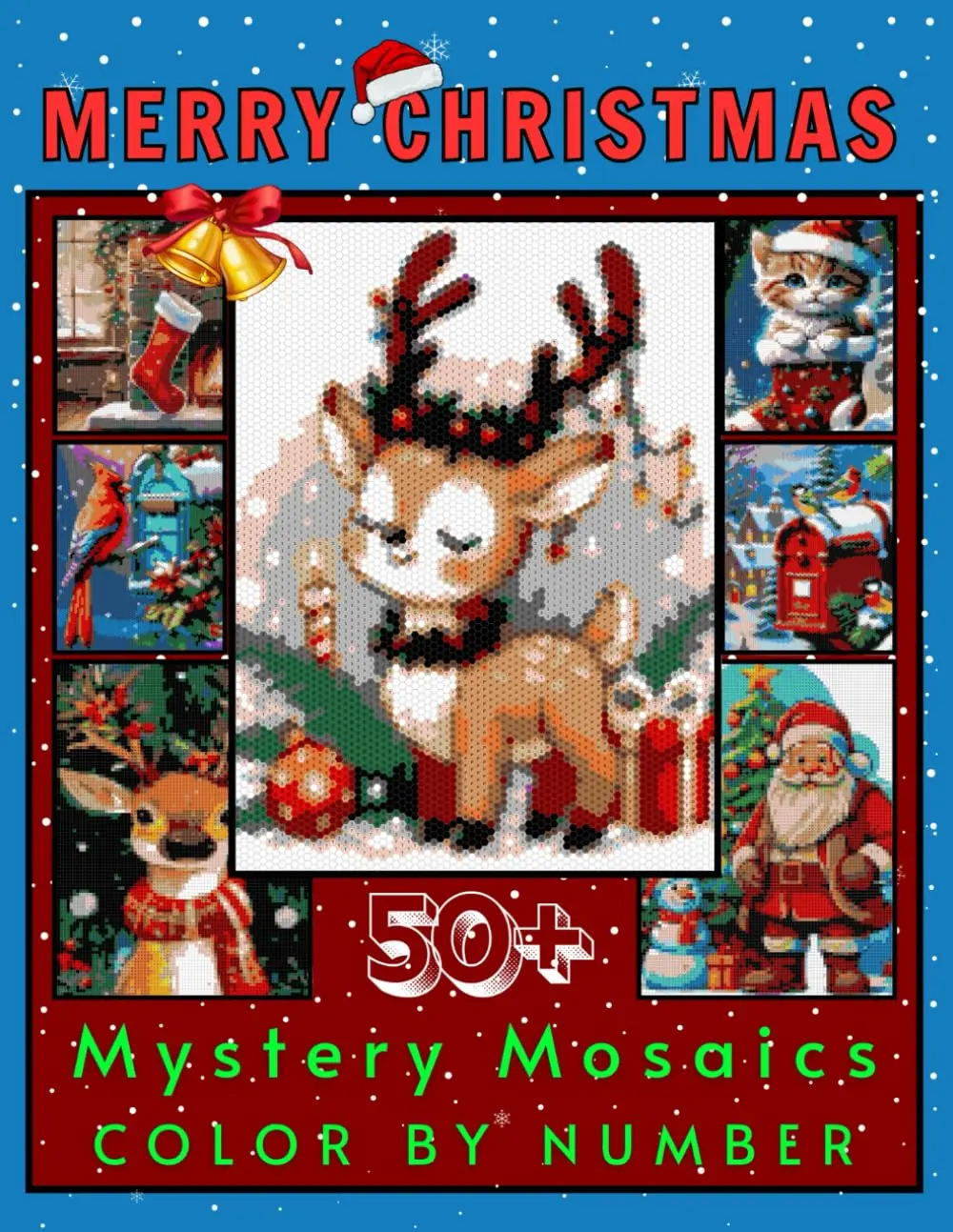 Merry Christmas Mystery Mosaic Color by Number for Adults & Teens: 50 Design Relaxing Holiday Coloring Book Puzzles with Santa, Snowflakes,