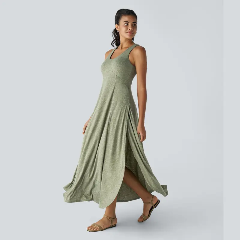 Halara U Neck Backless Split Flowy Maxi Casual Tank Dress#TikTokShopBacktoSchool