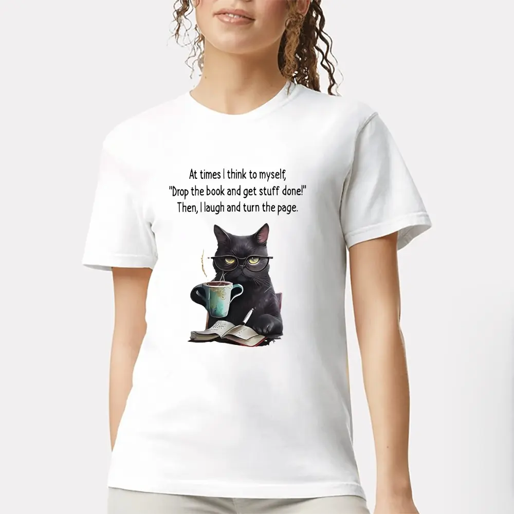 Women Crew Neck Short Sleeve T-Shirt, Black Cat Glasses Coffee Book Reading Graphic Funny Quote Casual Book Lover Tee