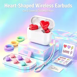Cute Heart-Shaped Wireless Earbuds, Bluetooth 5.3 Earphones with Charging Case, ENC Noise Cancellation, 35H Long Battery, Pink/Purple/Red Cute Earbuds for Girls Women