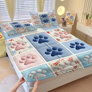Cute Cat Paw Patchwork Fitted Sheet Set and 2 Coreless Pillowcases, Cat Paw, Floral, Plaid Pattern Faux Patchwork Square Design, Soft Anti-Slip Wrinkle-Resistant Cozy & Healing Style Bedroom Decor, Gift Choice