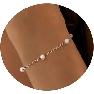 Gold/Silver Pearl Bracelets for Women Dainty Pearls Beaded Chain Tiny Pearls link Chain Cute Simple Pearl Bracelet Jewelry for Women